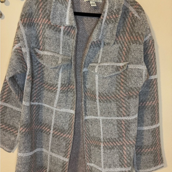 Long Open Front Gray Plaid Sweater Jacket with Pink Accents Size Large - Picture 2 of 9